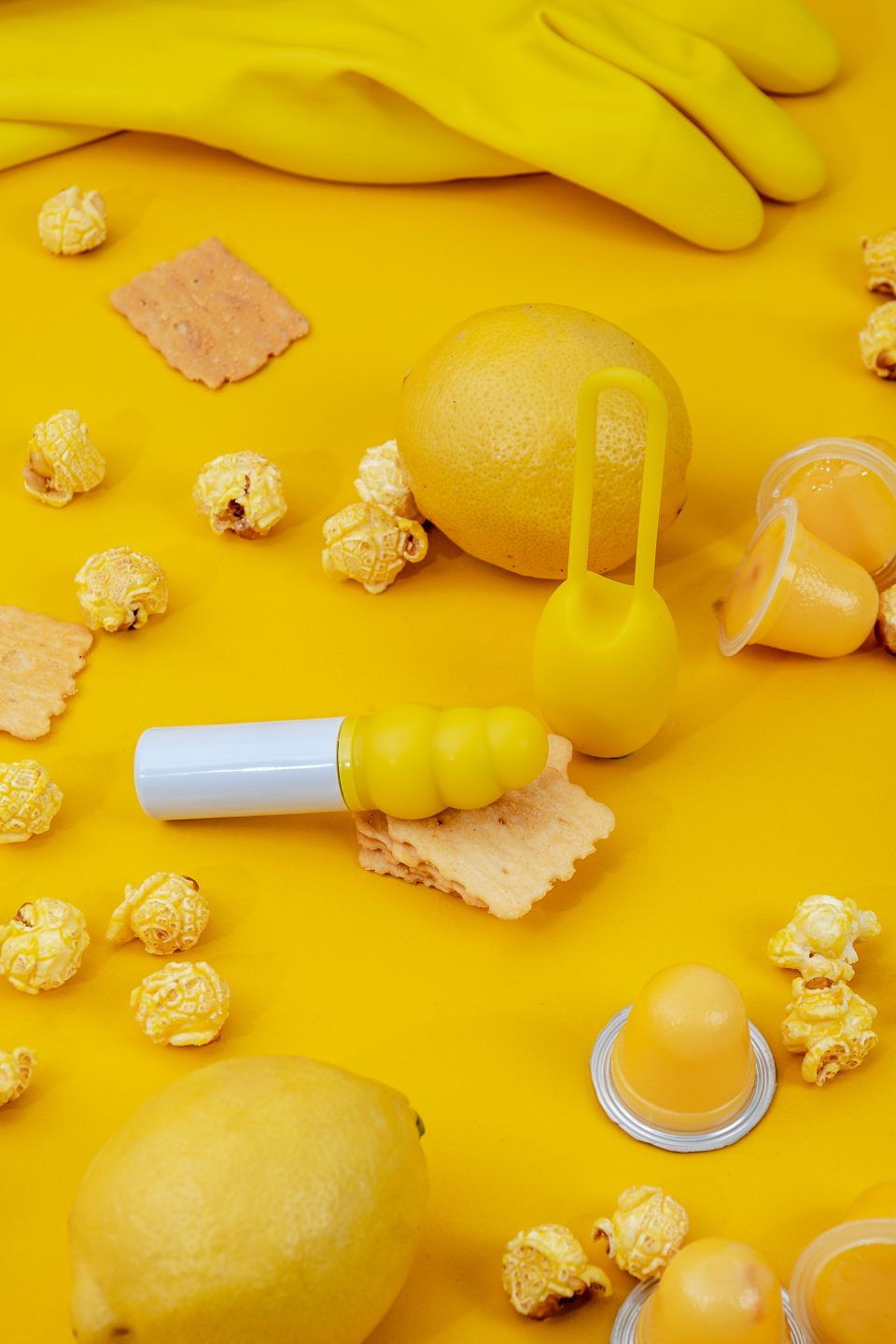 yellow vibrator, lemon and pop corns